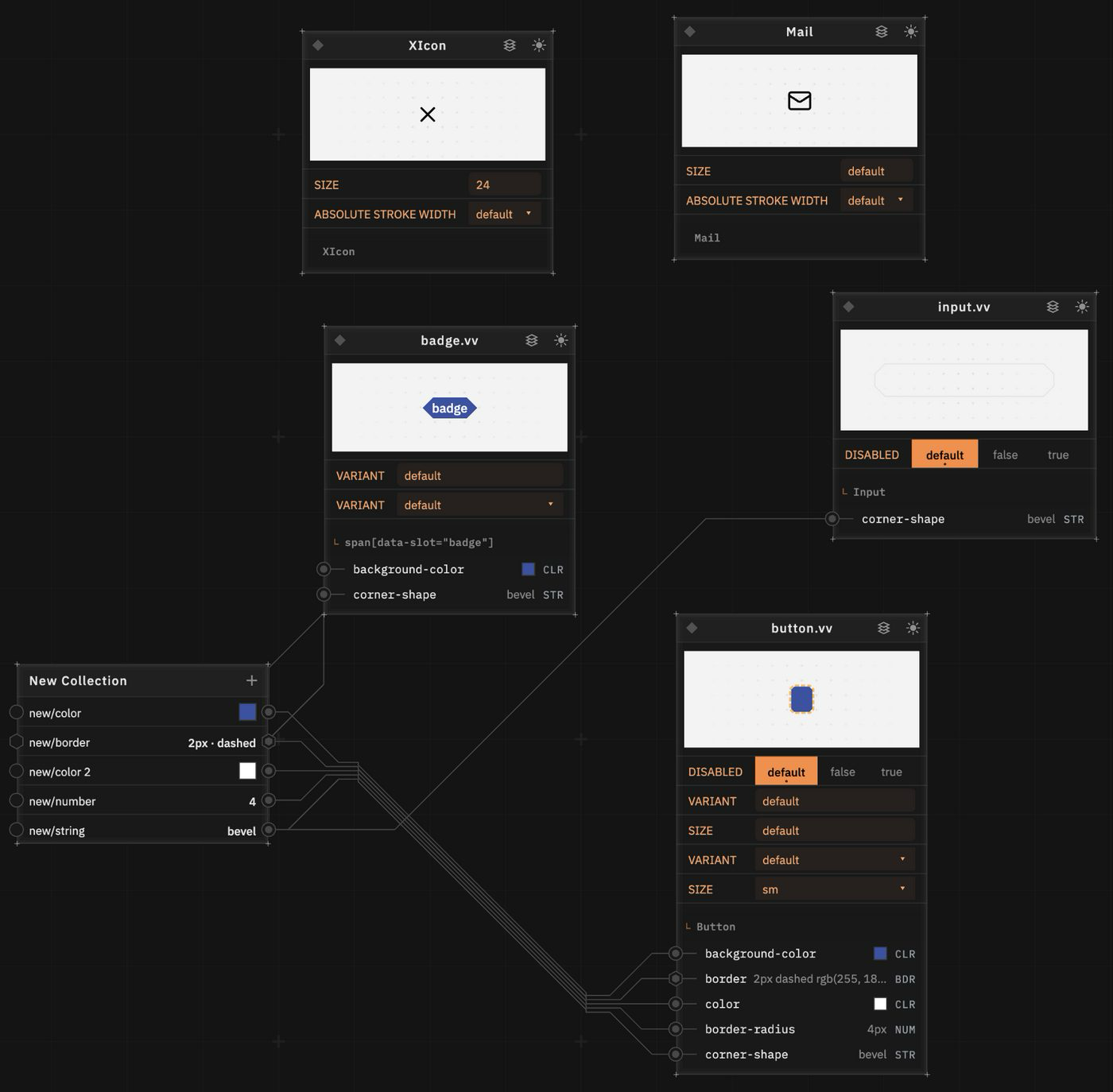 Solo VV binding a collection into generated badge.vv, input.vv, and button.vv wrappers with live previews