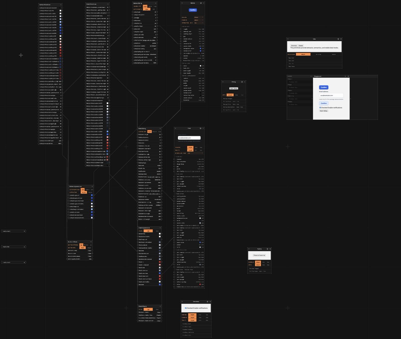 Solo VV project canvas with primitive collections, live Button and Field nodes, and a playground composing the same components